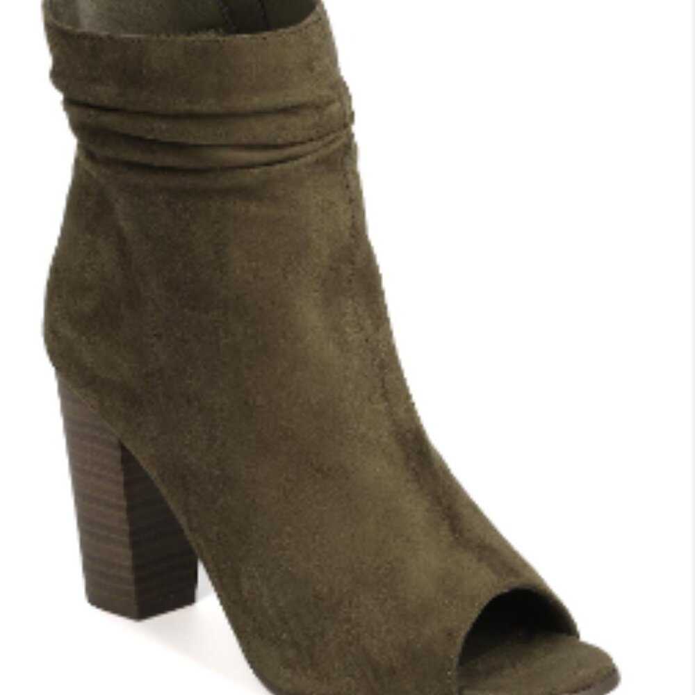 Pre-Owned Olive Breckelles GA50 Women Faux Suede Peep Toe Slouchy Chunky Heel Bo